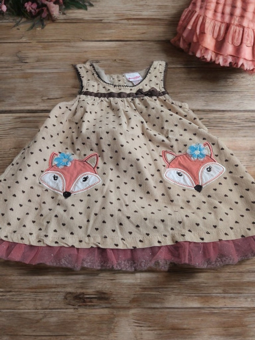 Nannette Cream Fox Appliqué Casual Dress with Pink Trim Size 2T
